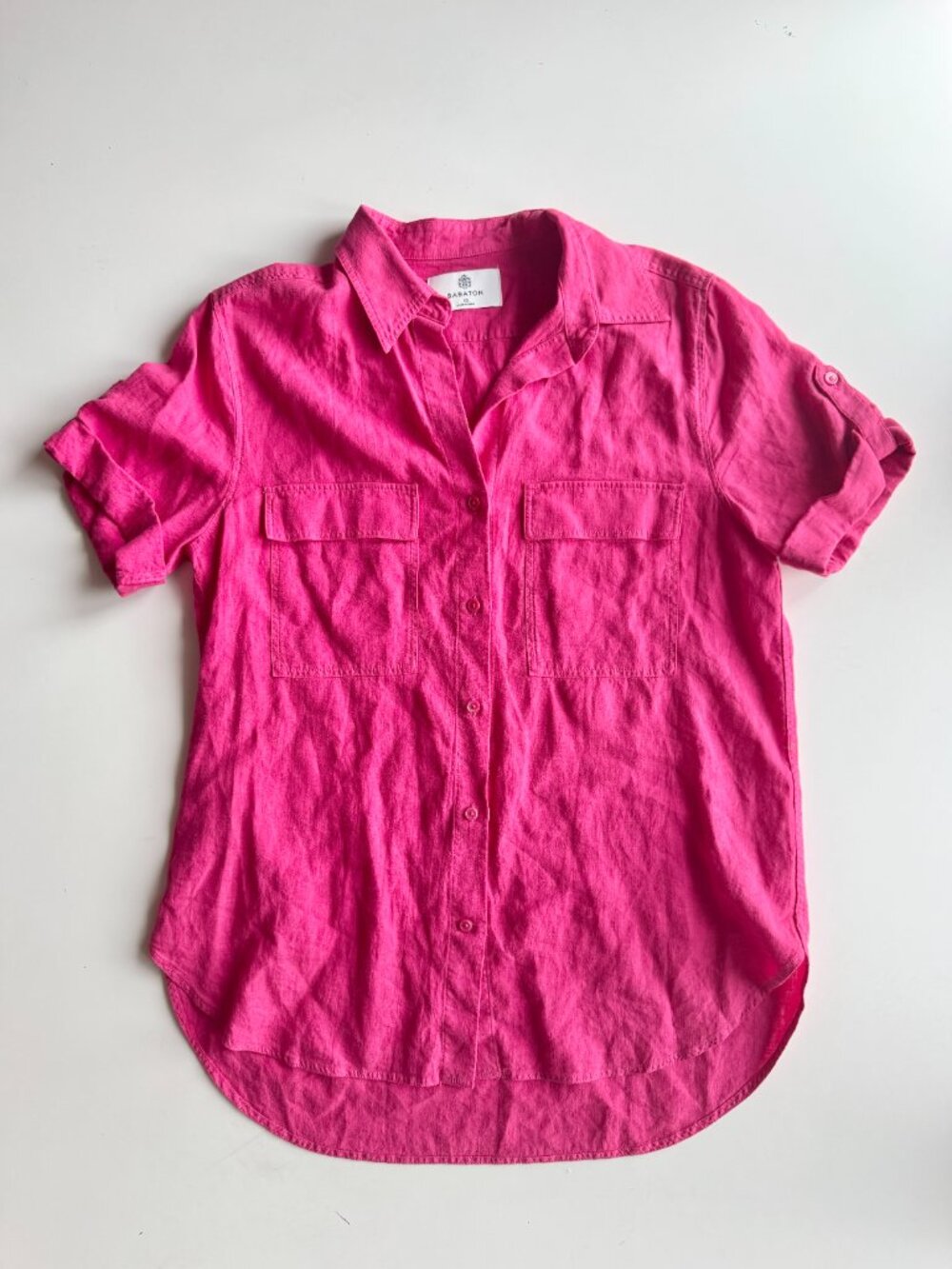 Aritzia BABATON Utility Pink Linen Short Sleeve Button Up Shirt Blouse, Size XS - Picture 5 of 16